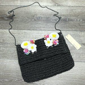 New Bay Sky Black Straw Crossbody Purse With Beads and Sequin Floral Detail
